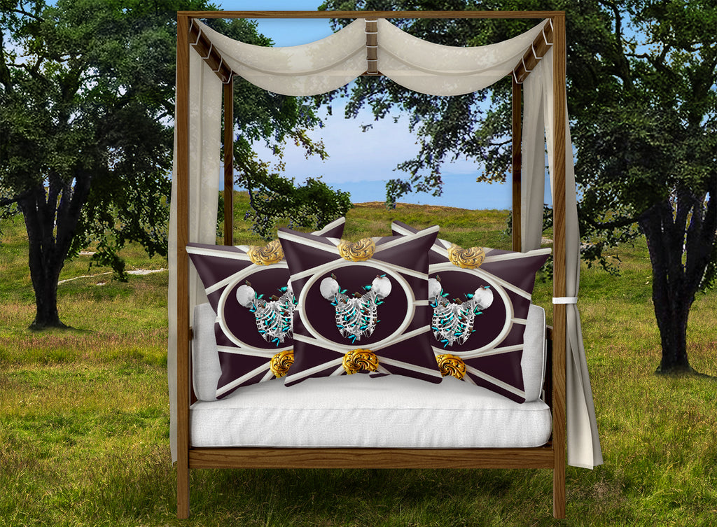 Versailles Siamese Skeletons Pillowcase with Teal Butterfly Rib Cage- in Eggplant Wine Purple