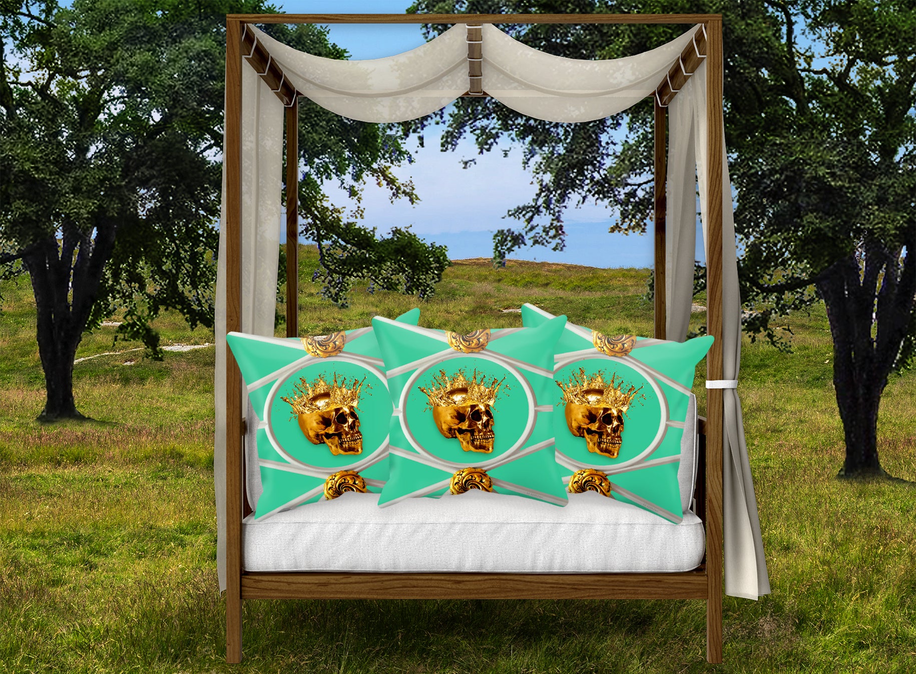 Golden Skull French Gothic Chic- Satin and Sued Pillowcase- Jade Teal- Teal- Blue