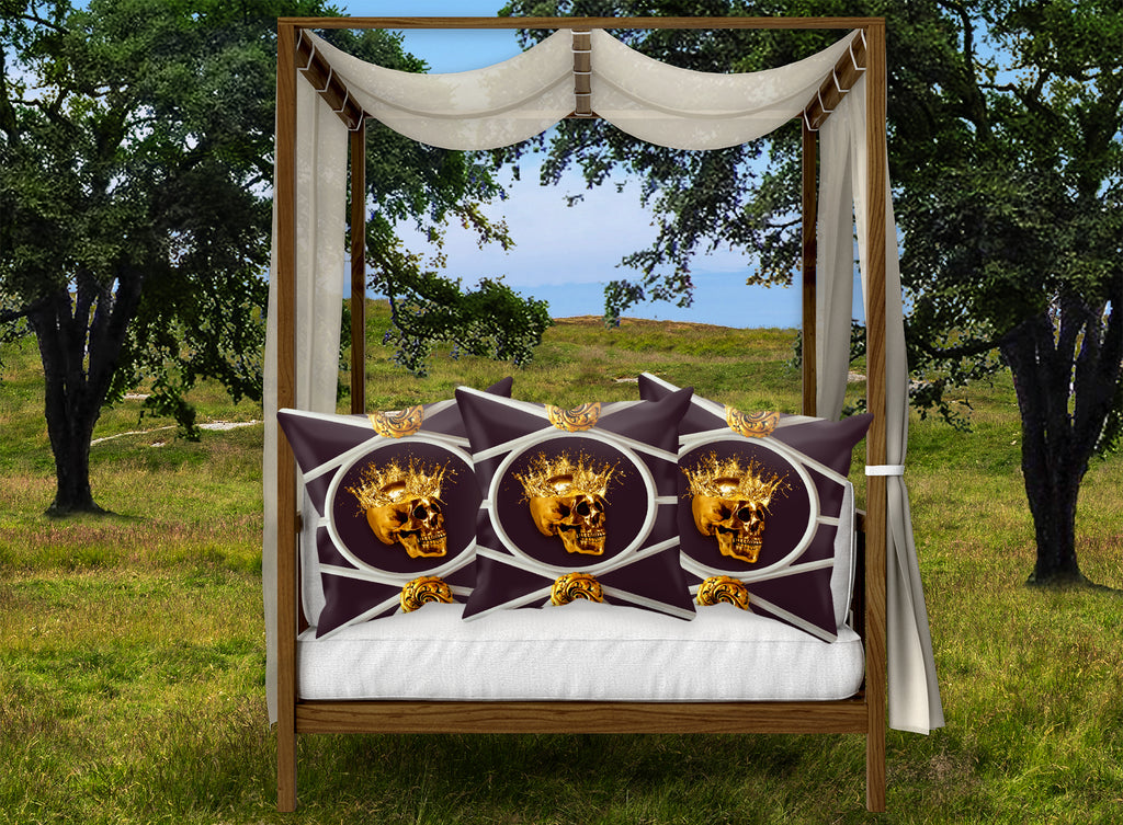 Golden Skull French Gothic Chic- Satin and Sued Pillowcase- EGGPLANT WINE RED PURPLE
