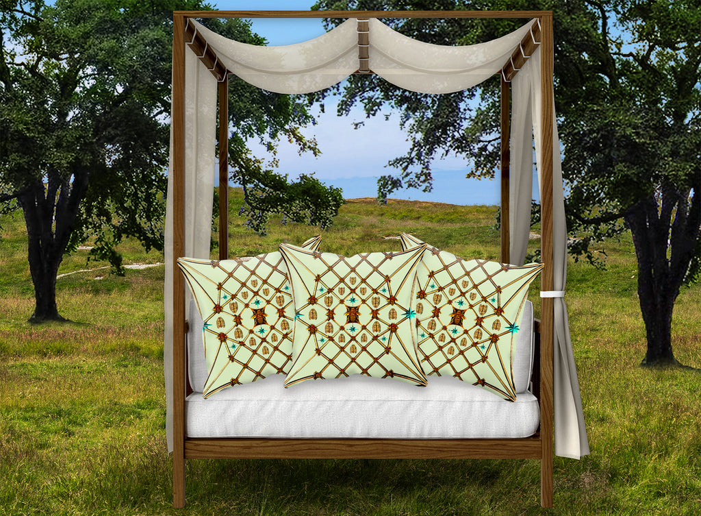 Bee Divergence Ribs & Teal Stars- French Gothic Satin & Suede Pillowcase in Pale Green | Le Leanian™