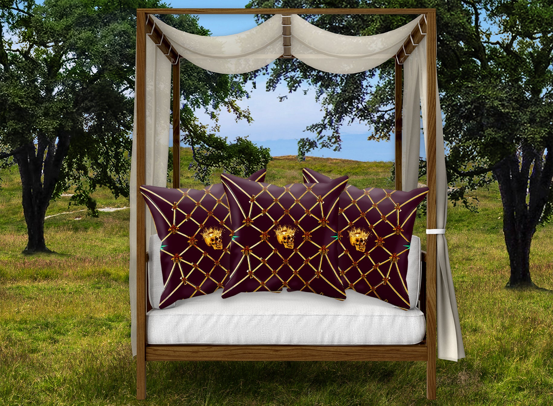 French Gothic-Gold Skull & Honey Bee Pattern- Pillowcase Set-Eggplant Wine red Purple