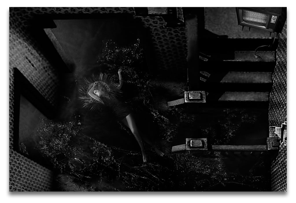 Horizontal Black & White Portrait of a Woman Being Baptized in the Whole First Floor of a House- Fine Art Canvas Print