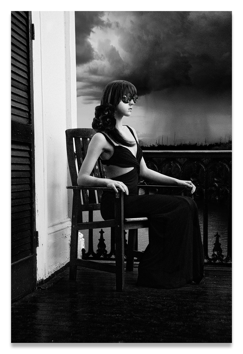 Vertical Black & White of Woman on Antebellum Porch in Louisiana with Lenses for Eyes-Recording Memories of the Thunderstorm- Metal Print-Aluminum Print
