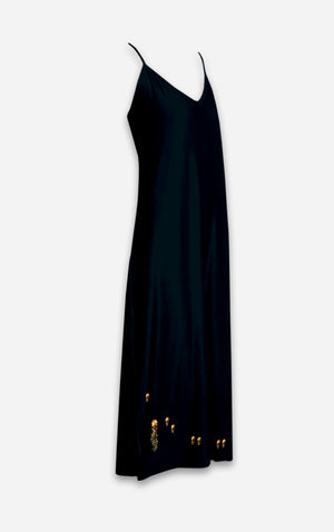 The Others- Baroque Skull- French Gothic V Neck Slip Dress in Midnight Teal | Le Leanian™