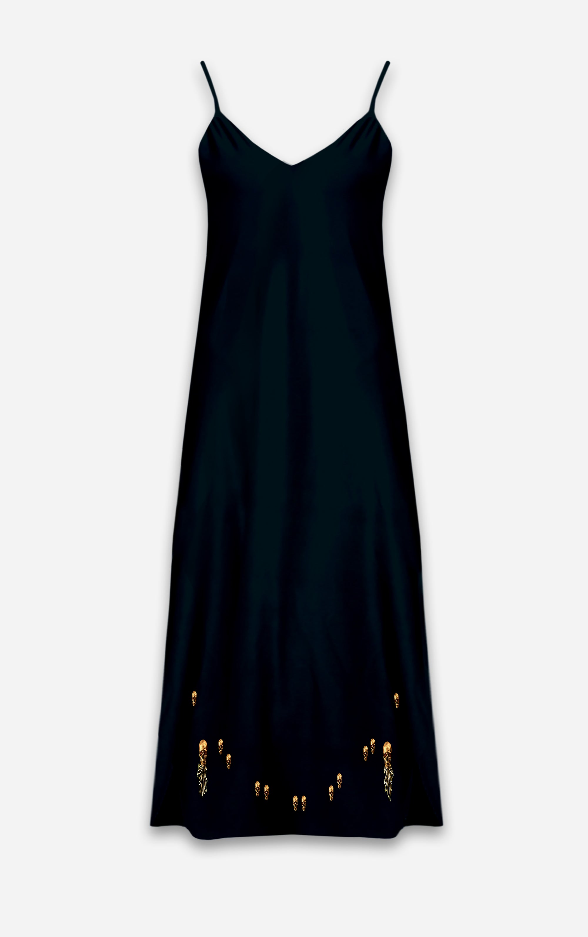 The Others- Baroque Skull- French Gothic V Neck Slip Dress in Midnight Teal | Le Leanian™