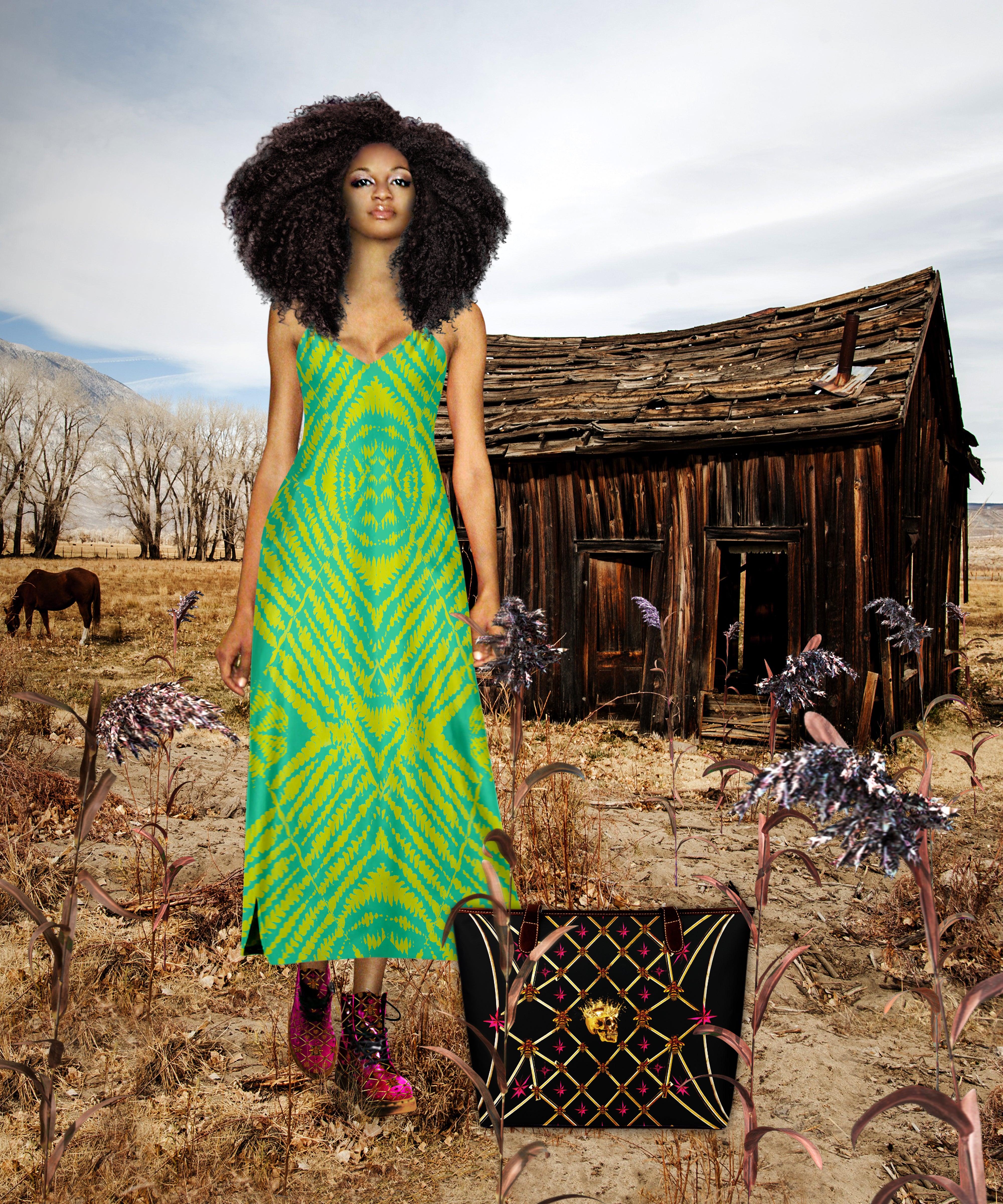 Byzantine V Neck Slip Dress-Bold Jade Teal & Mustard-Surreal Fashion- Le Leanian- The Photographist