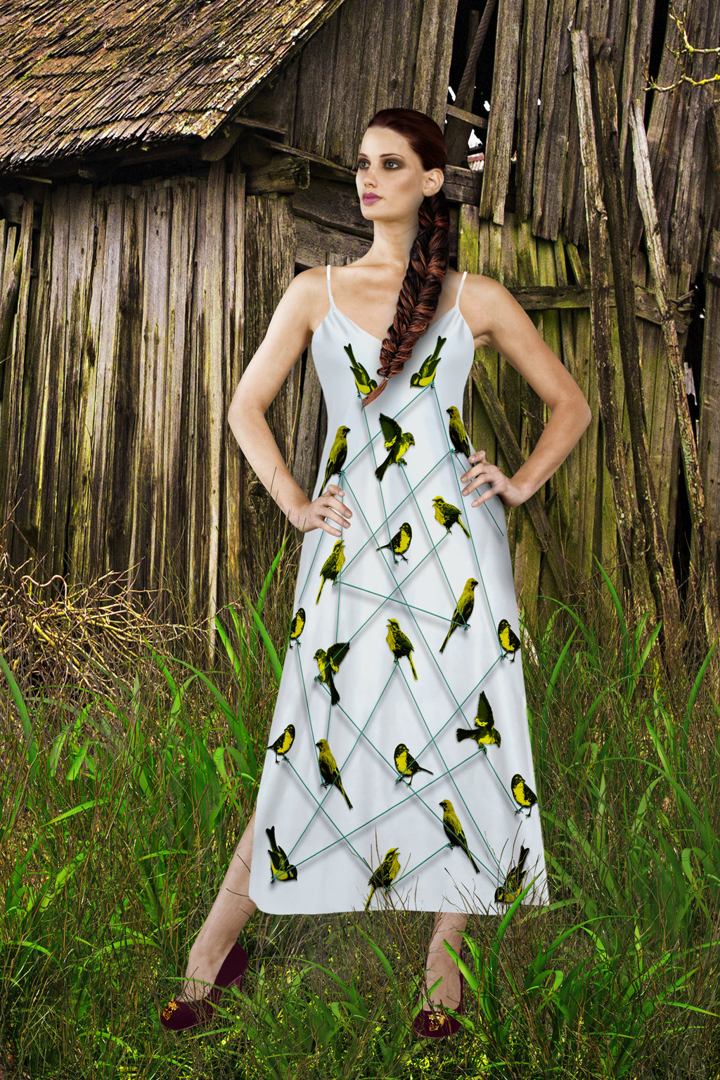 V Neck Slip Dress- Green Sparrow, Bird on a Wire Pattern- Color in Light Gray- Gray