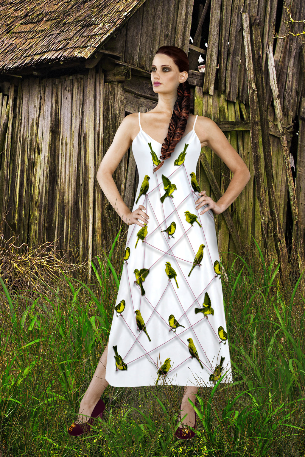 V Neck Slip Dress-Green Sparrows, Birds on a Wire Pattern- Color in White