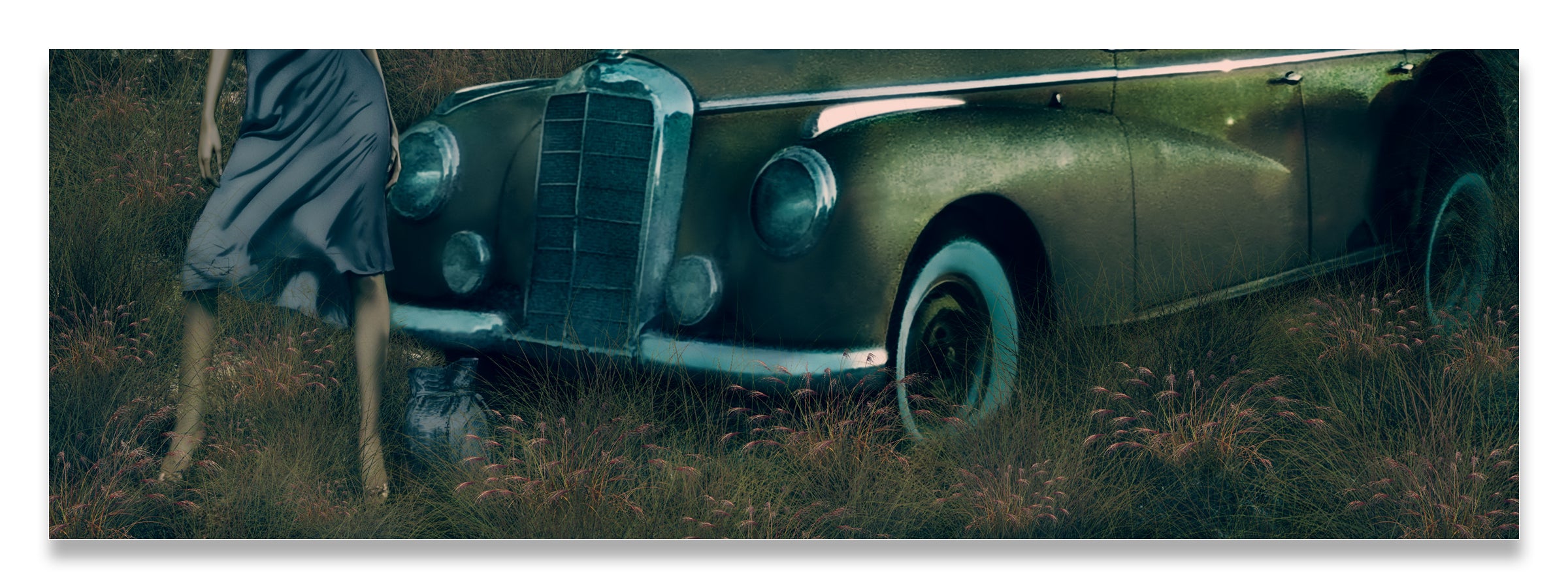 Woman Standing in Front of a Classic Car at Dusk-Muted Color Tones-Fine Art Print