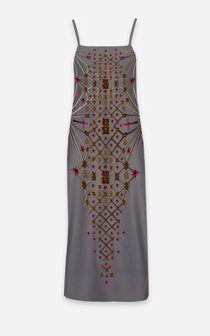 Vee Divergence- French Gothic V Neck Slip Dress in Lavender Steel | Le Leanian™