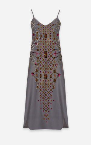 Vee Divergence- French Gothic V Neck Slip Dress in Lavender Steel | Le Leanian™