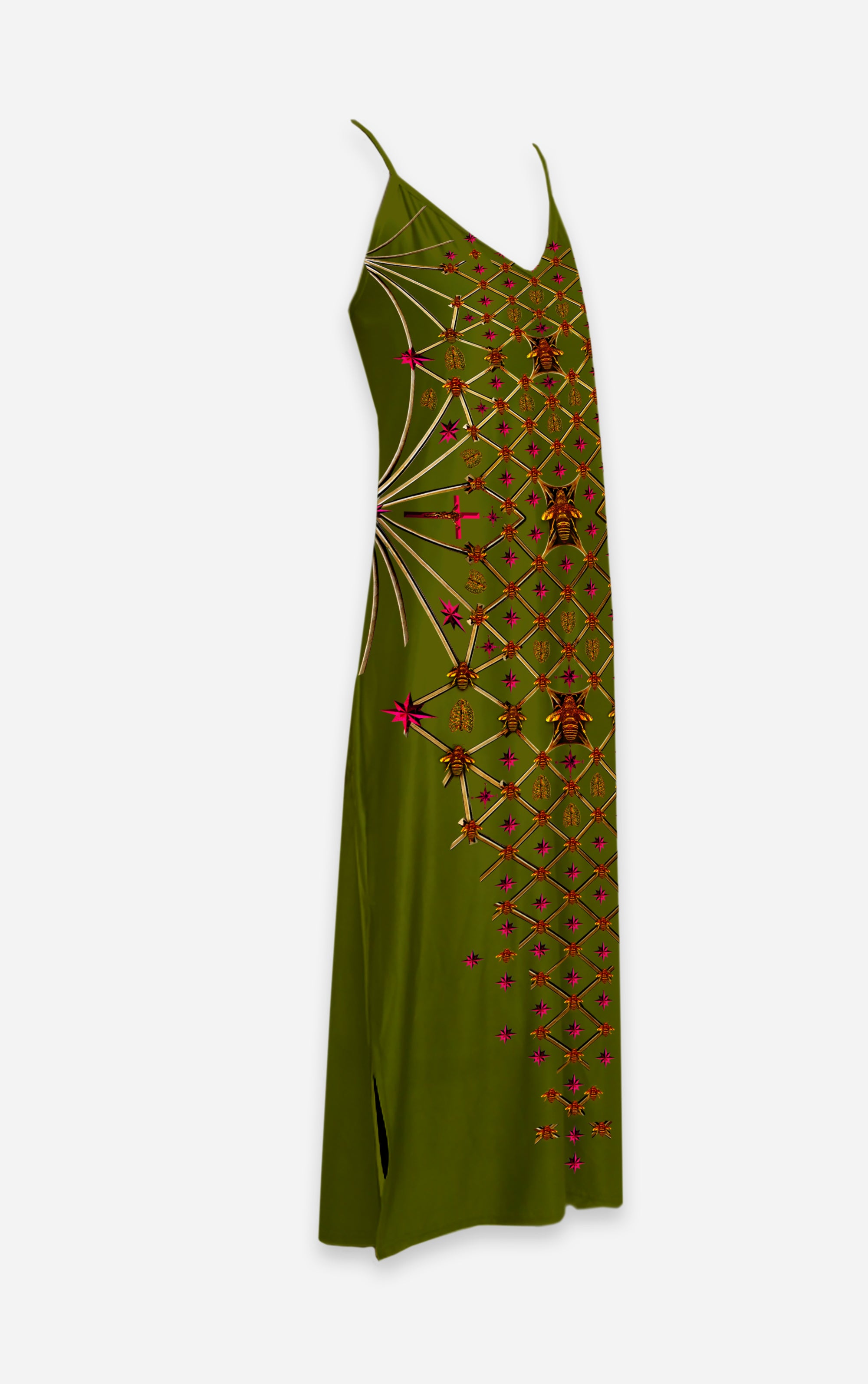 Vee Divergence- French Gothic V Neck Slip Dress in Bold Olive | Le Leanian™
