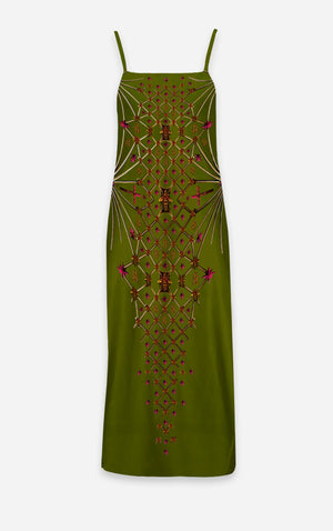 Vee Divergence- French Gothic V Neck Slip Dress in Bold Olive | Le Leanian™