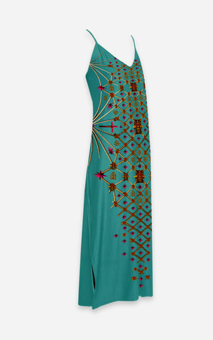 Vee Divergence- French Gothic V Neck Slip Dress in Jade Teal | Le Leanian™