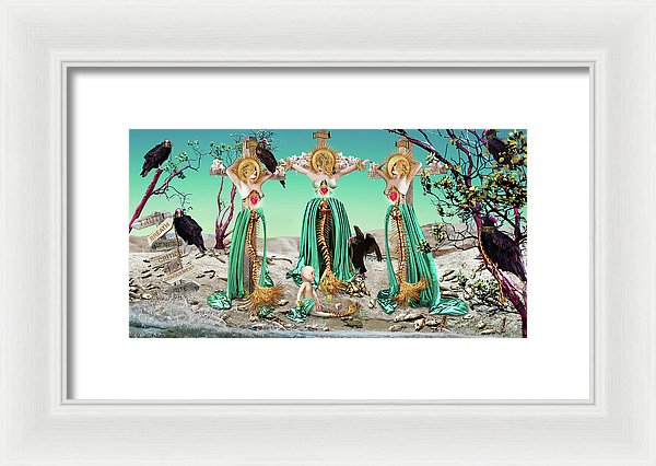 Religious, end times inspired portrait of 4 women on a beach with dead fish. 3 women are dead mermaids on crosses surrounded by vultures.