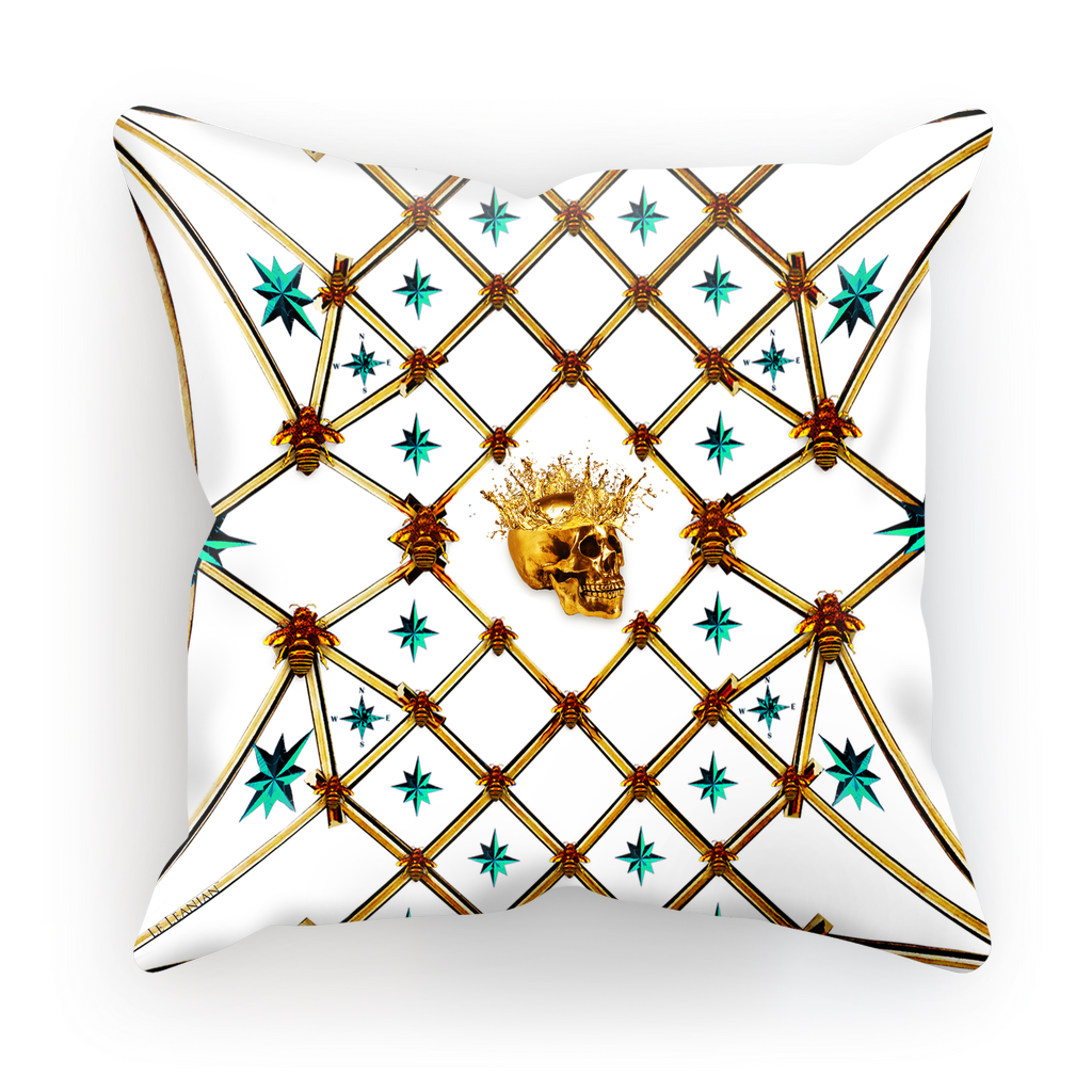Golden Skull & Teal Stars- French Gothic Satin & Suede Pillowcase in Lightest Gray | Le Leanian™