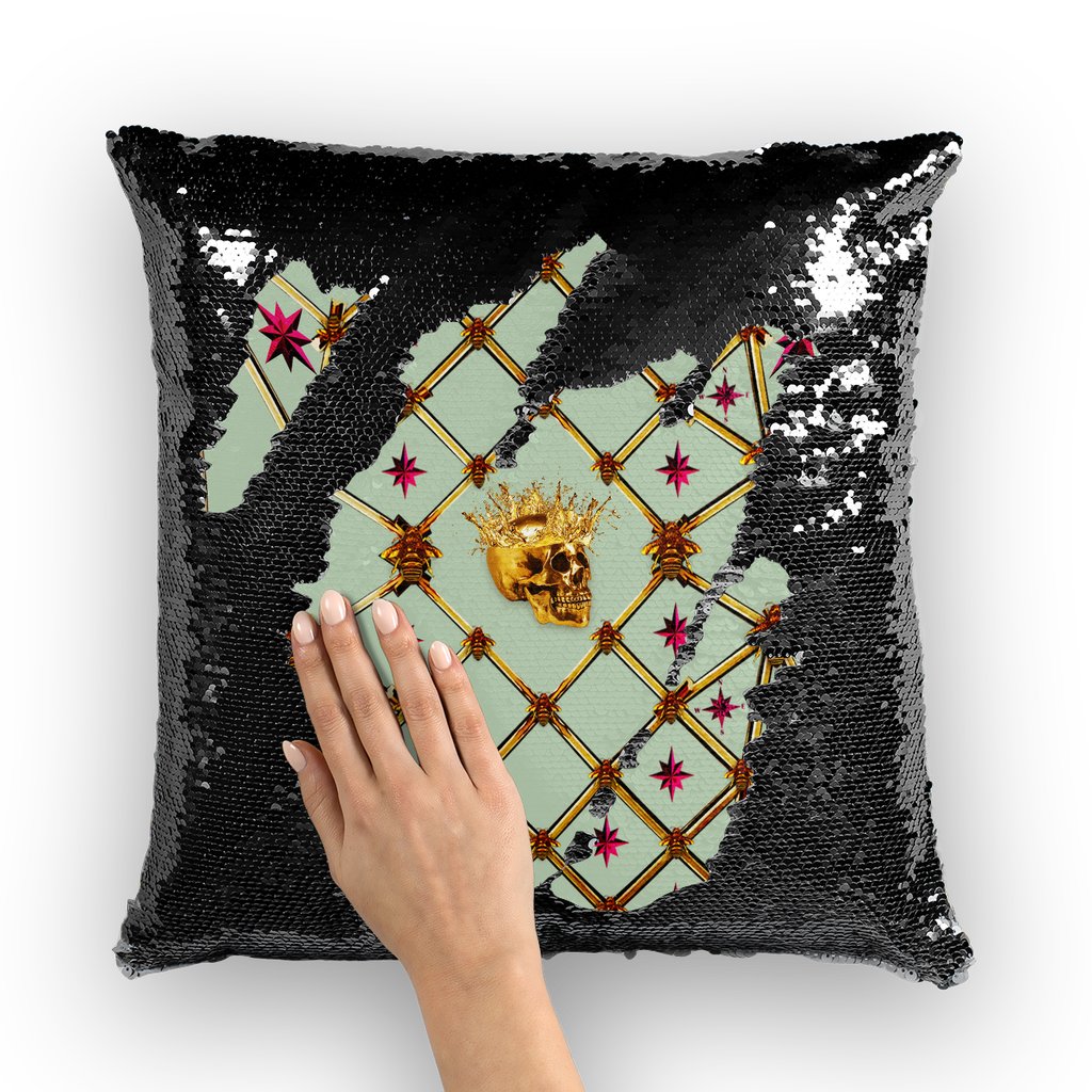 Golden Skull & Magenta Stars- French Gothic Sequin Pillowcase or Throw Pillow in Pastel | Le Leanian™