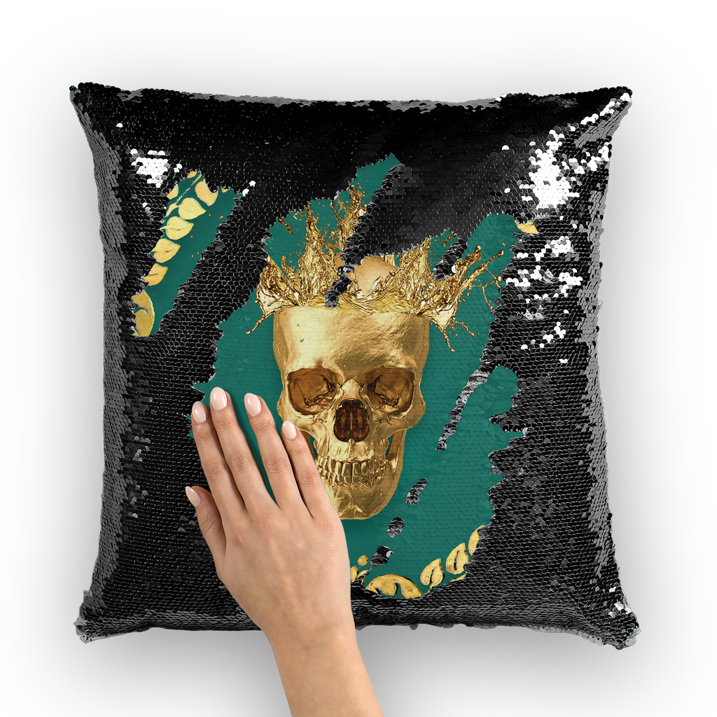 Caesar Gilded Skull- French Gothic Sequin Pillowcase or Throw Pillow in Jade | Le Leanian™