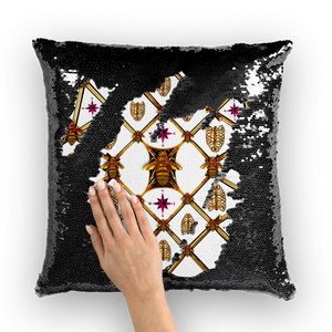 Bee Divergence Gilded Bees & Ribs Magenta Stars- French Gothic Sequin Pillowcase or Throw Pillow in White | Le Leanian™