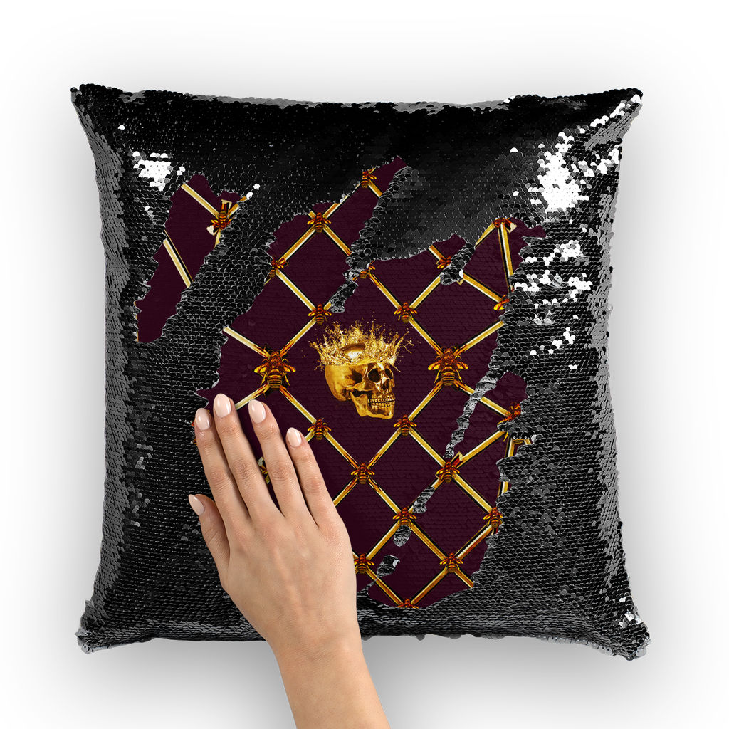 Golden Skull Jade Star- French Gothic Sequin Pillowcase or Throw Pillow in Eggplant Wine | Le Leanian™