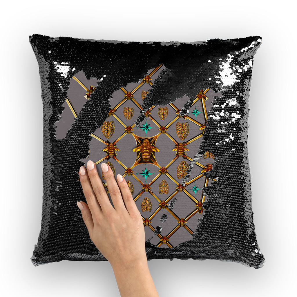 Bee Divergence Gilded Ribs & Teal Stars- French Gothic Sequin Pillowcase or Throw Pillow in Lavender Steel | Le Leanian™