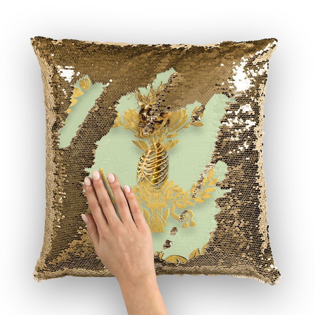 Caesar Skull Relief- French Gothic Sequin Pillowcase or Throw Pillow in Pale Green | Le Leanian™