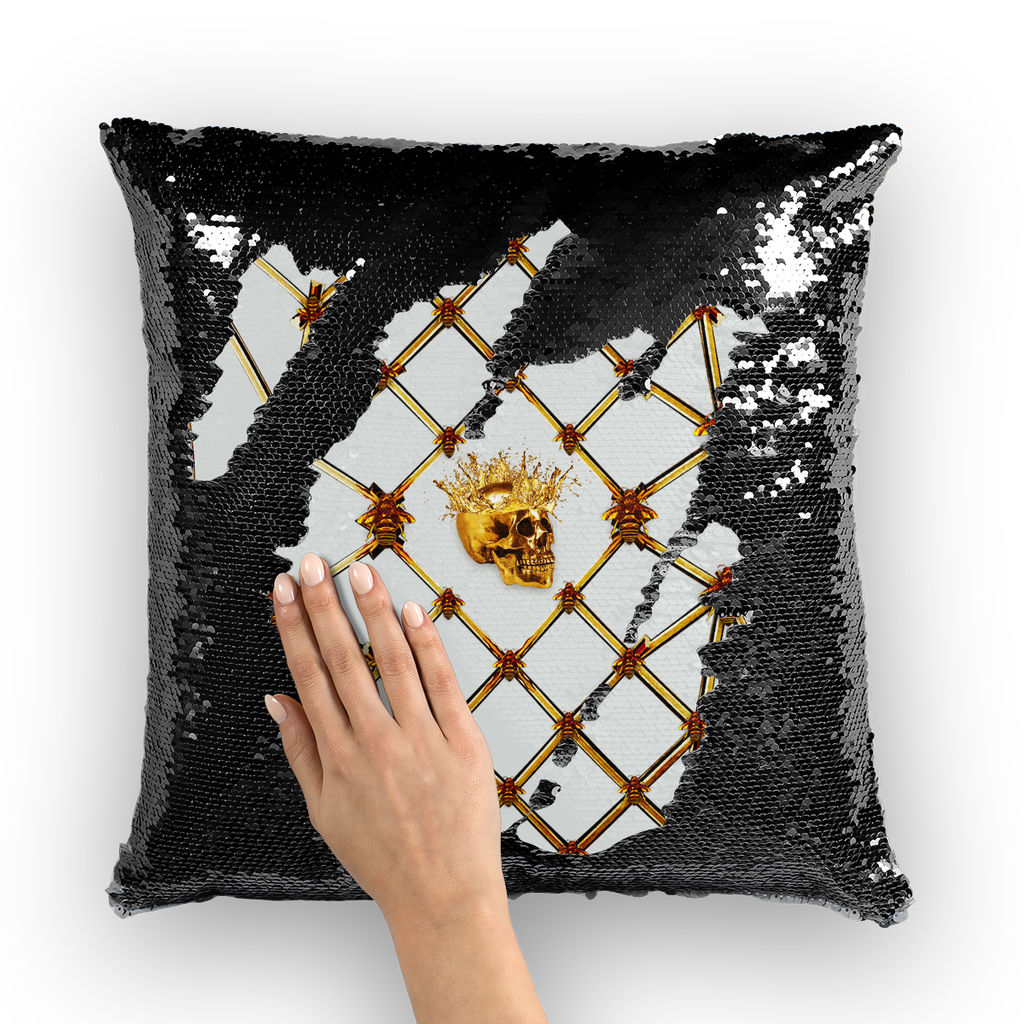 Golden Skull & Teal Star- French Gothic Sequin Pillowcase or Throw Pillow in Lightest Gray ﻿| Le Leanian™