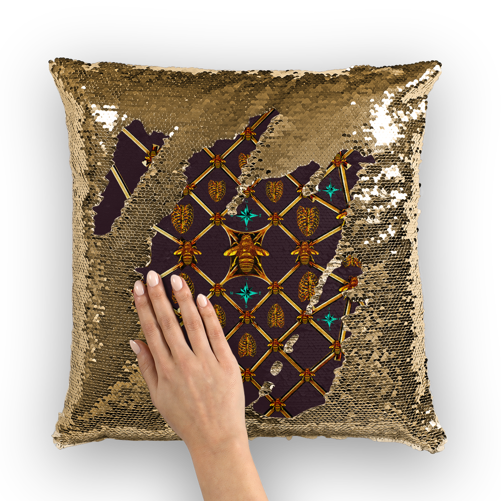 Sequin Gold Pillowcase & Throw Pillow-French Gothic Honey Bee & Rib Print- Eggplant Wine Red Purple
