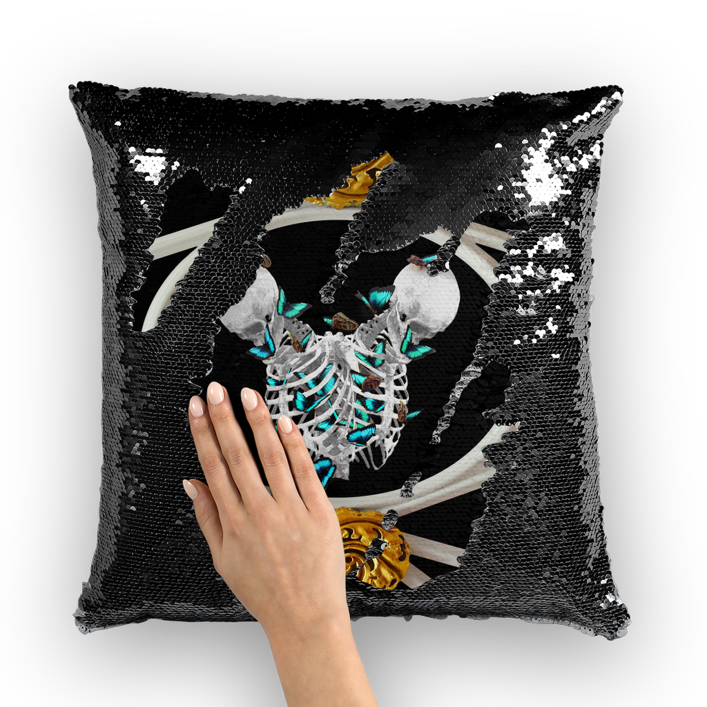 Versailles Gilded Skull Divergence Teal Whispers- French Gothic Sequin Pillowcase or Throw Pillow in Back to Black | Le Leanian™