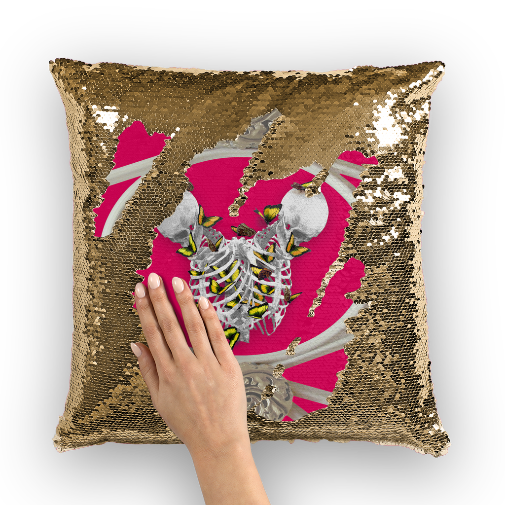 Versailles Siamese Skeletons with Gold Butterfly Rib Cage-Sequin Pillowcase-Fuchsia Pink