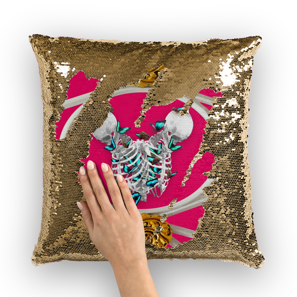 Versailles Gilded Skull Divergence Teal Whispers- French Gothic Sequin Pillowcase or Throw Pillow in Bold Fuchsia | Le Leanian™