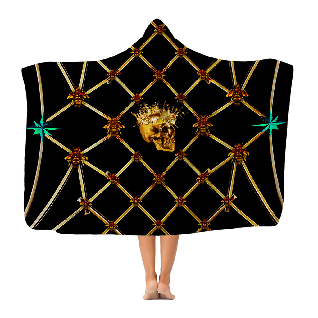 Gold Skull and Honey Bee- Teal Stars- Classic Hooded Blanket in Black