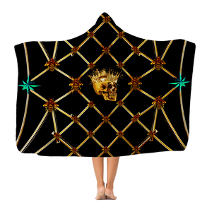 Gold Skull and Honey Bee- Teal Stars- Classic Hooded Blanket in Black
