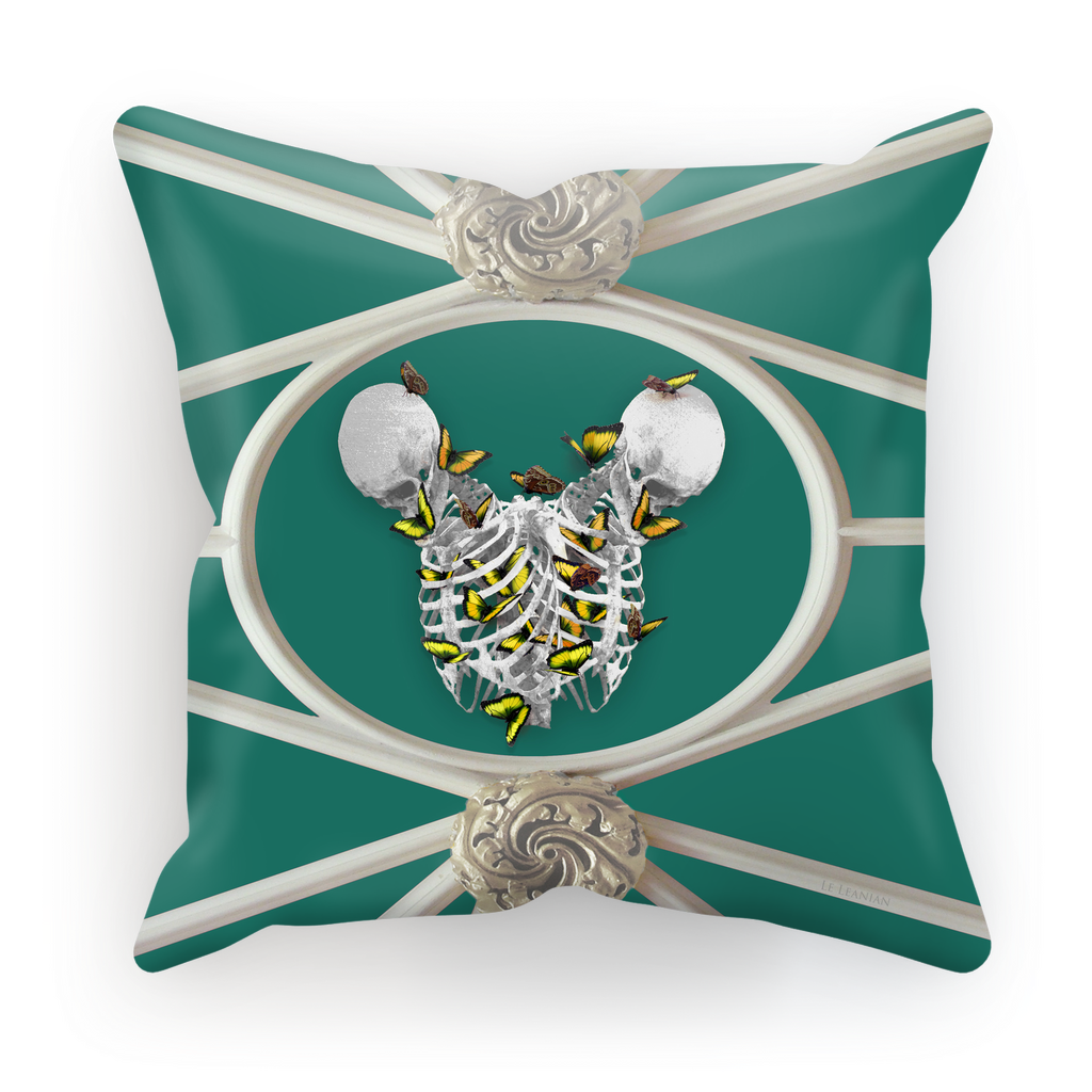 Versailles Divergence Skull Golden Whispers- French Gothic Satin & Suede Pillowcase in Jade Teal | Le Leanian™