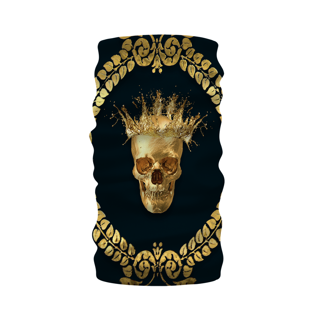 Neck Warmer-Morf Scarf- Gold Wreath-Gold Skull Pattern- Color BLACK
