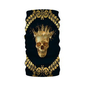 Neck Warmer-Morf Scarf- Gold Wreath-Gold Skull Pattern- Color BLACK