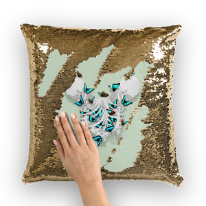 Siamese Twin Skeletons with Morpho Butterflies escaping through the ribs- Gold Sequin Pillow Case