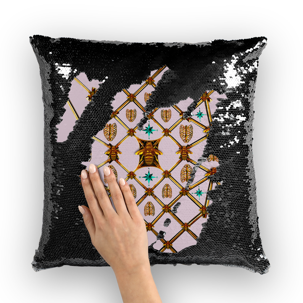 Bee Divergence Ribs & Teal Stars- French Gothic Sequin Pillowcase or Throw Pillow in Nouveau Blush Taupe | Le Leanian™