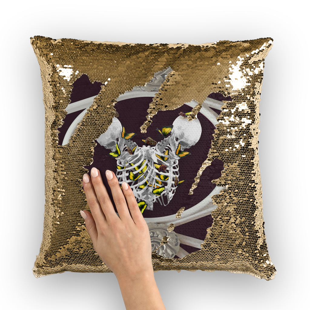 Versailles Siamese Skeletons with Gold Butterfly Rib Cage-Gold Sequin Pillowcase-Muted Eggplant Wine Purple