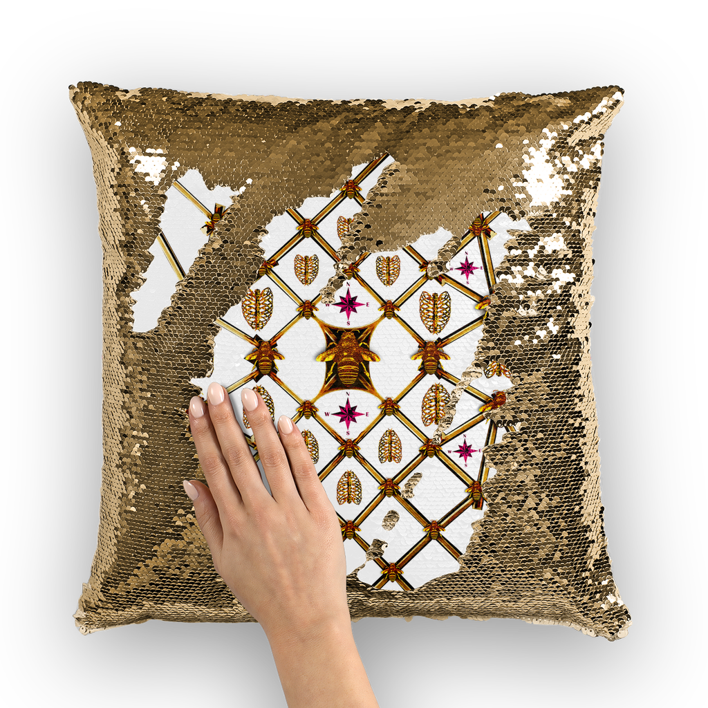Sequin Gold Pillowcase & Throw Pillow-French Gothic-Honey Bee & Rib Print- White