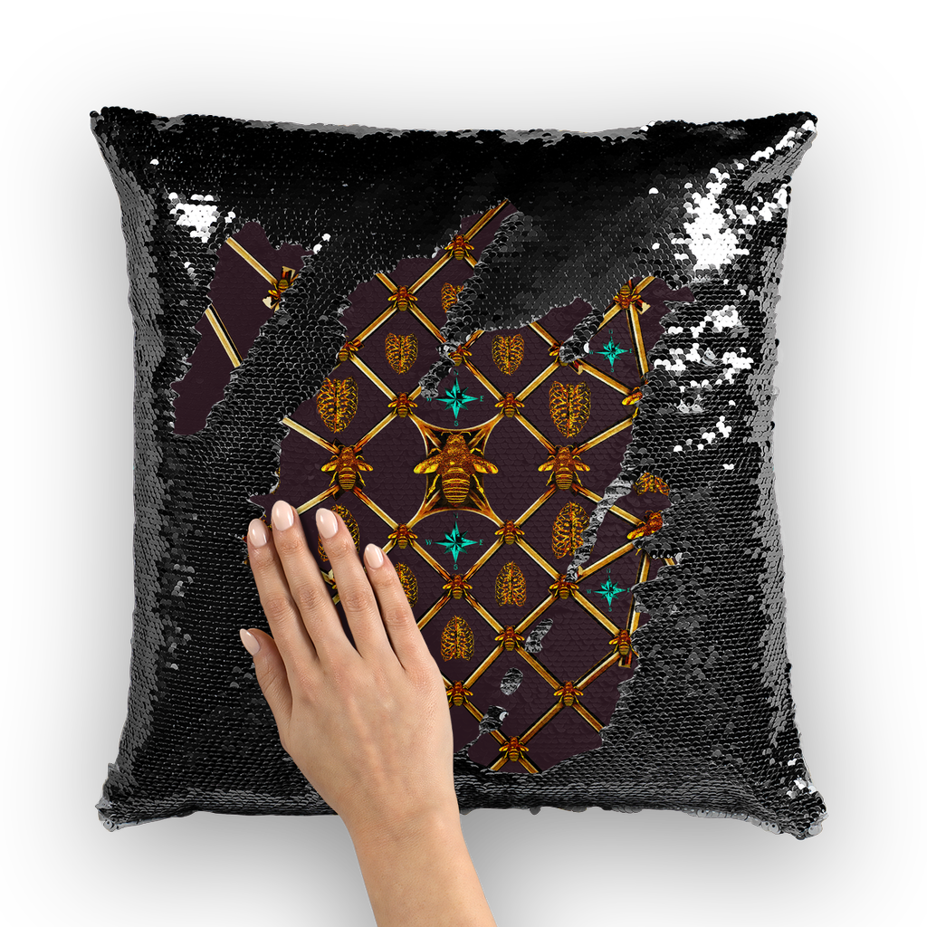 Bee Divergence Gilded Ribs & Teal Stars- French Gothic Sequin Pillowcase or Throw Pillow in Muted Eggplant Wine ﻿| Le Leanian™