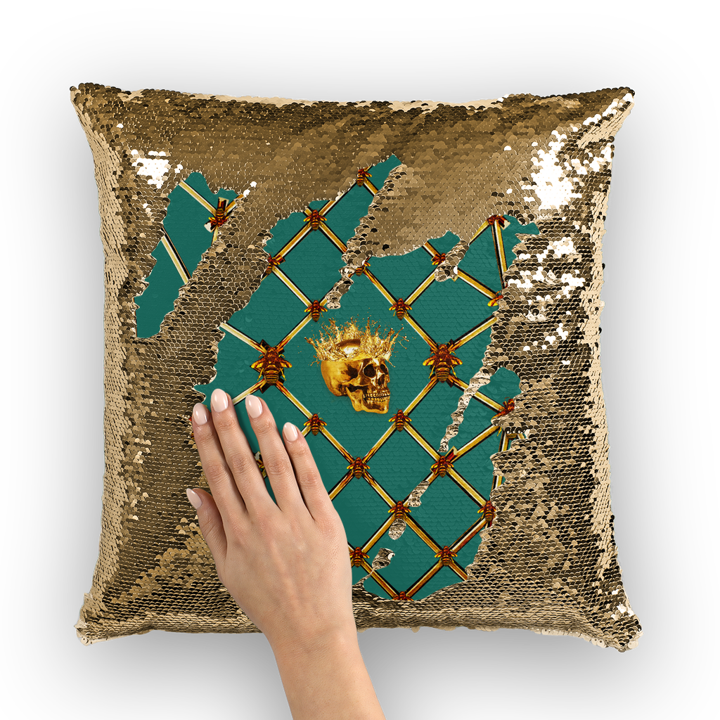 French Gothic Honey Bee & Rib Pattern-Sequin Pillowcase & Throw Pillow- Jade Blue Green