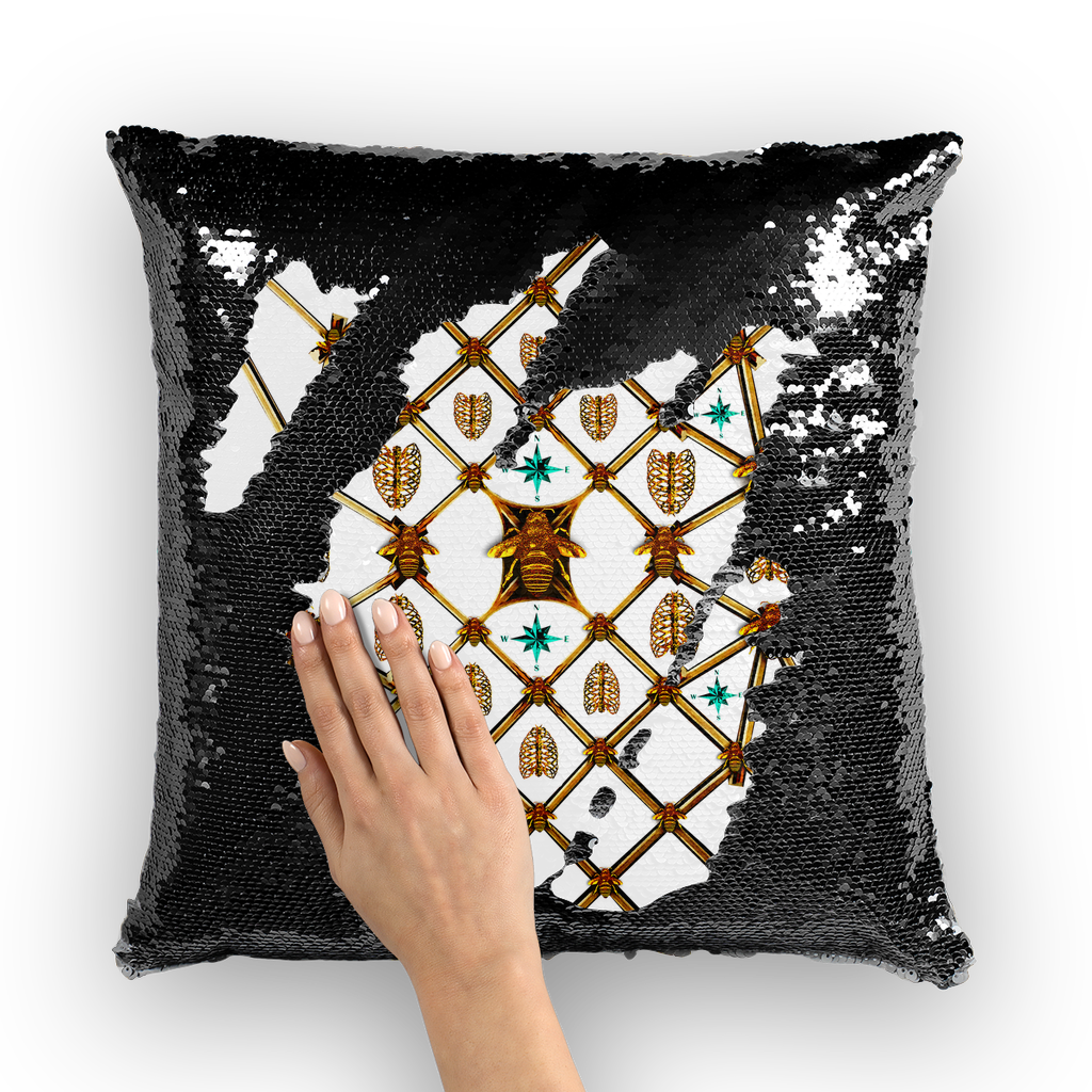 Bee Divergence Gilded Ribs & Teal Stars- French Gothic Sequin Pillowcase or Throw Pillow in White | Le Leanian™