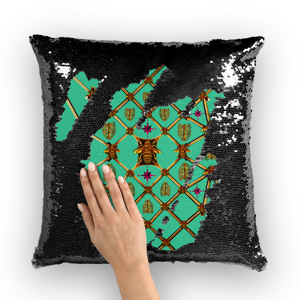 Bee Divergence Gilded Ribs & Magenta Stars- French Gothic Sequin Pillowcase or Throw Pillow in Bold Jade Teal | Le Leanian™
