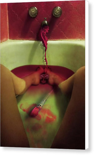 Woman sitting in bathtub birthing a paintbrush with crimson colored paint.