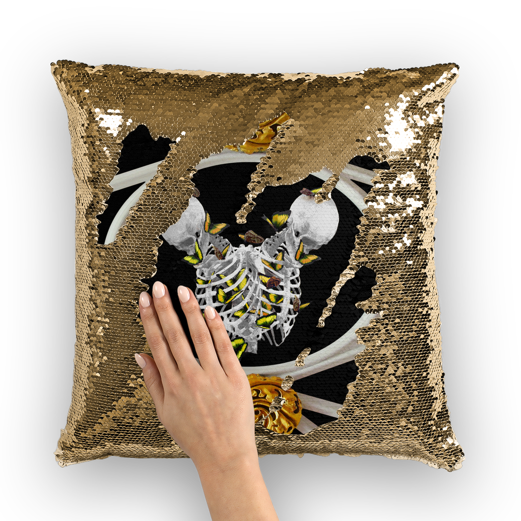 Versailles Siamese Skeletons Pillowcase with Gold Butterfly Rib Cage-Gold Sequin Pillowcase- Black