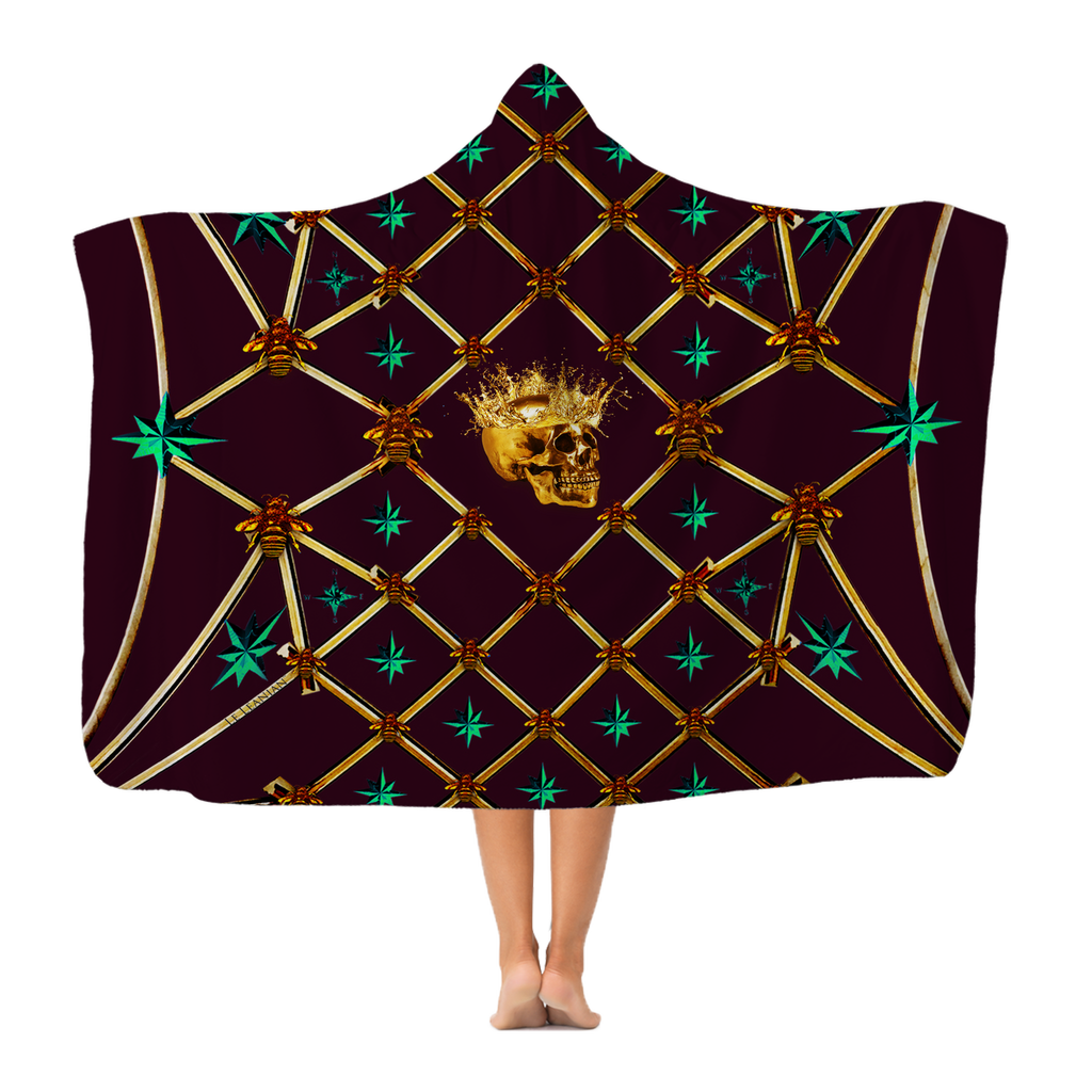 Skull Gilded Honeycomb & Jade Stars- Adult & Youth Hooded Fleece Blanket in Eggplant Wine | Le Leanian™