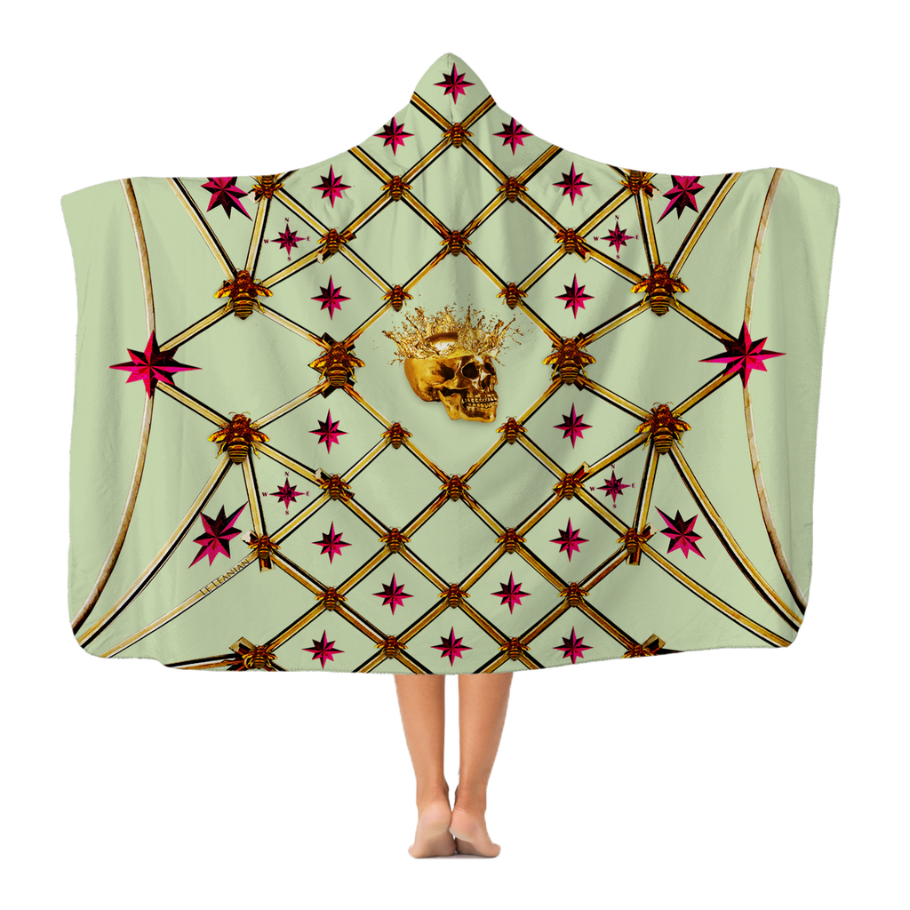 Skull Gilded Honeycomb & Magenta Stars- Adult & Youth Hooded Fleece Blanket in Pale Green | Le Leanian™