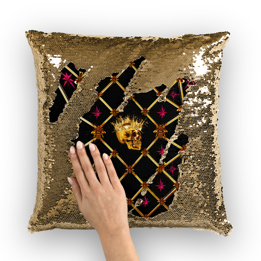 Gold Skull and Magenta Stars- Honey Bee Pattern- Sequin Pillow Case or Throw Pillow in Color Black