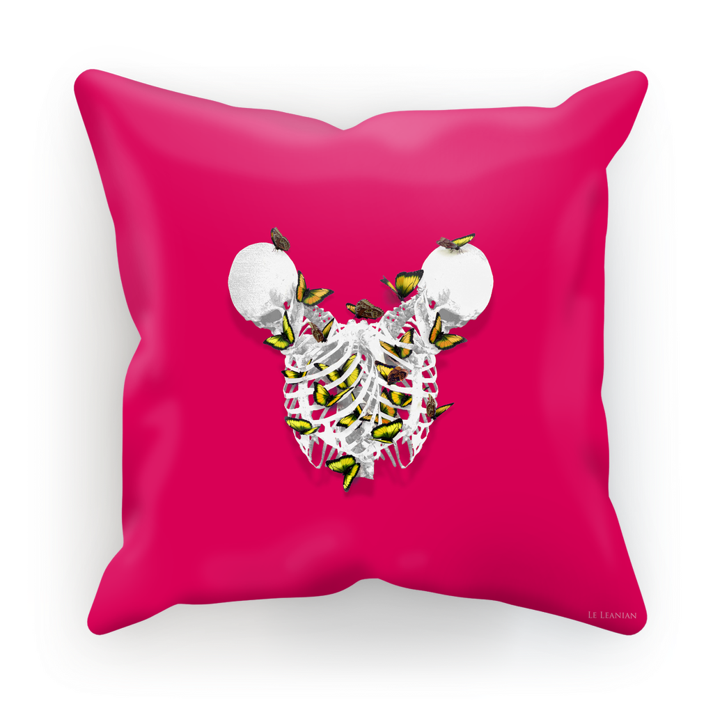 Versailles Divergence Golden Skull Duality- French Gothic Satin & Suede Pillowcase in Bold Fuchsia | Le Leanian™